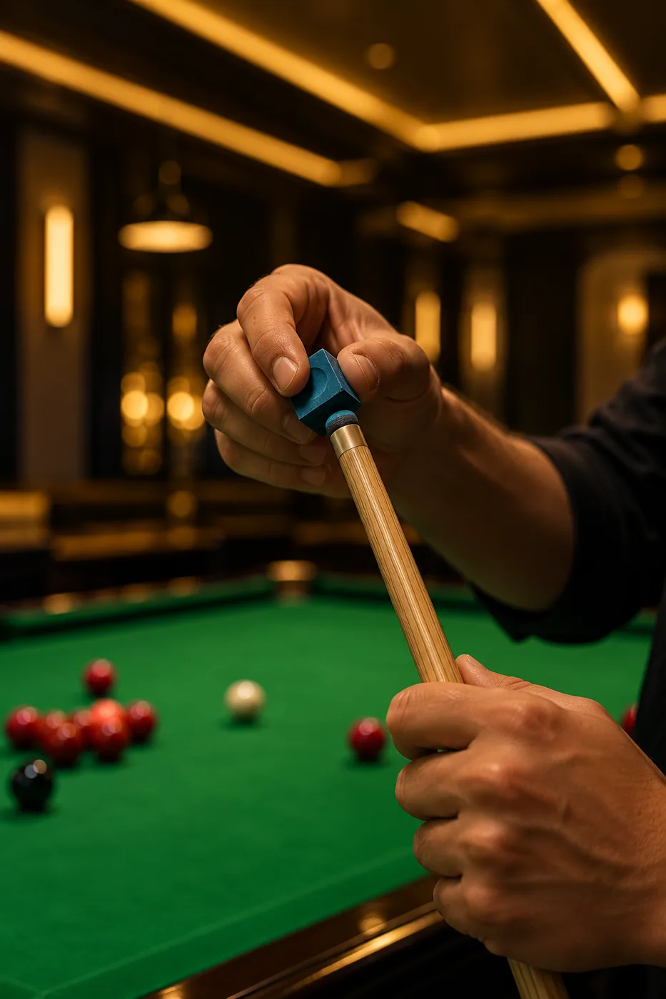 A seasoned regular lining up a precise shot on a tournament table